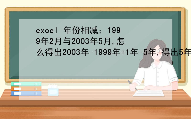 excel 年份相减：1999年2月与2003年5月,怎么得出2003年-1999年+1年=5年,得出5年这个结果的公式