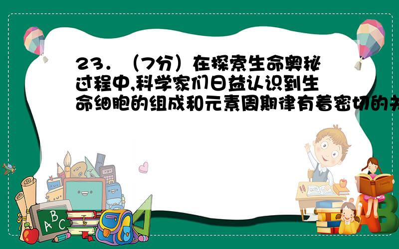 23．（7分）在探索生命奥秘过程中,科学家们日益认识到生命细胞的组成和元素周期律有着密切的关系,约占人体总质量99.9%