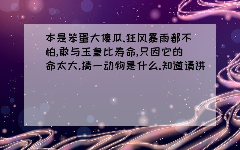 本是笨蛋大傻瓜.狂风暴雨都不怕,敢与玉皇比寿命,只因它的命太大.猜一动物是什么.知道请讲