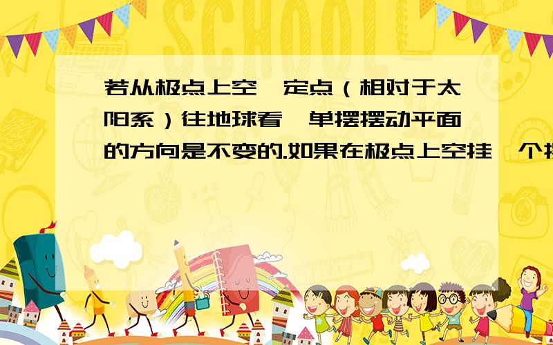 若从极点上空一定点（相对于太阳系）往地球看,单摆摆动平面的方向是不变的.如果在极点上空挂一个摆,使其沿摆架摆动,摆架平面