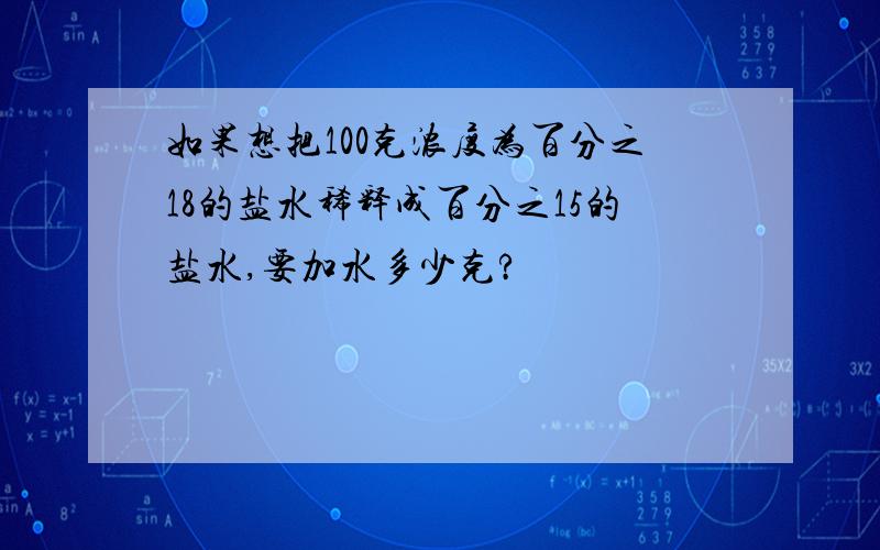 如果想把100克浓度为百分之18的盐水稀释成百分之15的盐水,要加水多少克?