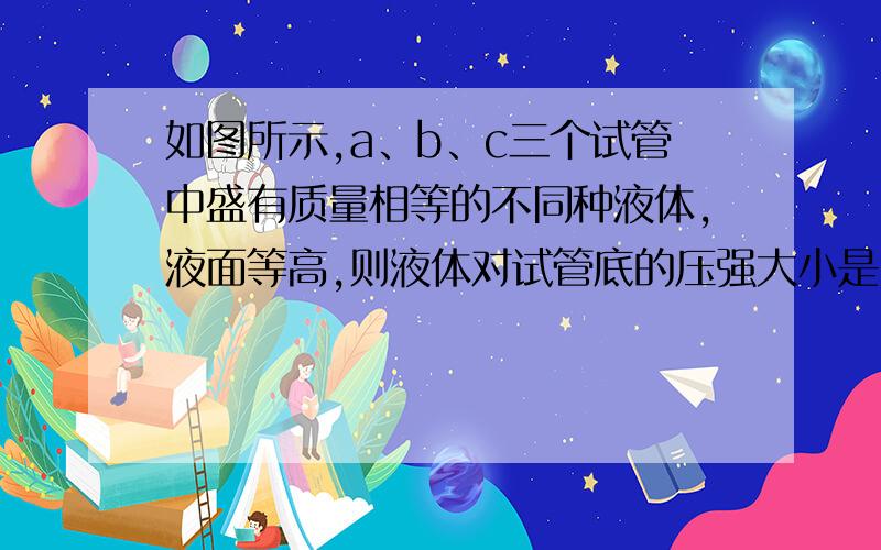 如图所示,a、b、c三个试管中盛有质量相等的不同种液体,液面等高,则液体对试管底的压强大小是（ ）