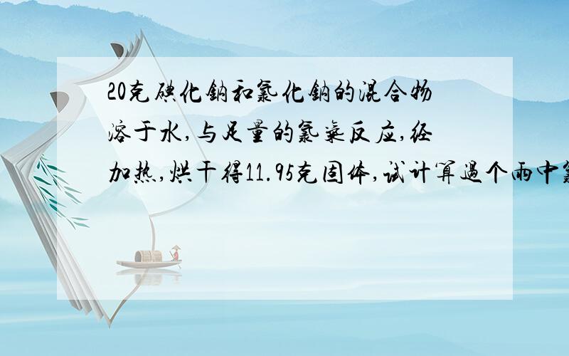 20克碘化钠和氯化钠的混合物溶于水,与足量的氯气反应,经加热,烘干得11.95克固体,试计算过个雨中氯化钠的质量分数?