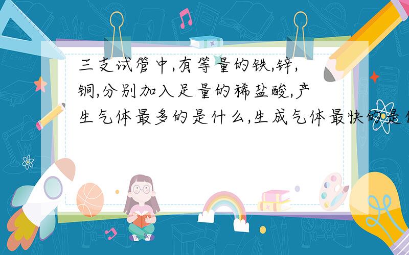 三支试管中,有等量的铁,锌,铜,分别加入足量的稀盐酸,产生气体最多的是什么,生成气体最快的是什么