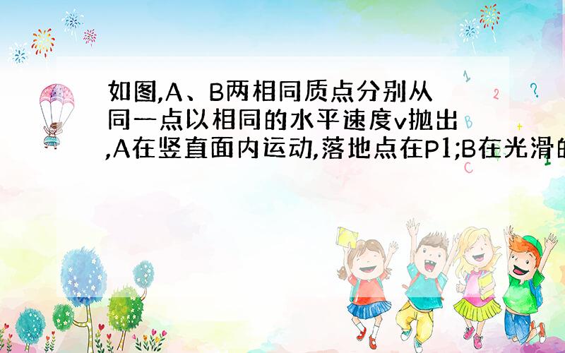 如图,A、B两相同质点分别从同一点以相同的水平速度v抛出,A在竖直面内运动,落地点在P1;B在光滑的斜面上