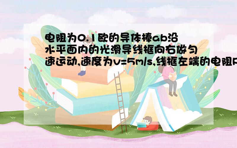 电阻为0.1欧的导体棒ab沿水平面内的光滑导线框向右做匀速运动,速度为v=5m/s,线框左端的电阻R=0.4欧姆,线框本