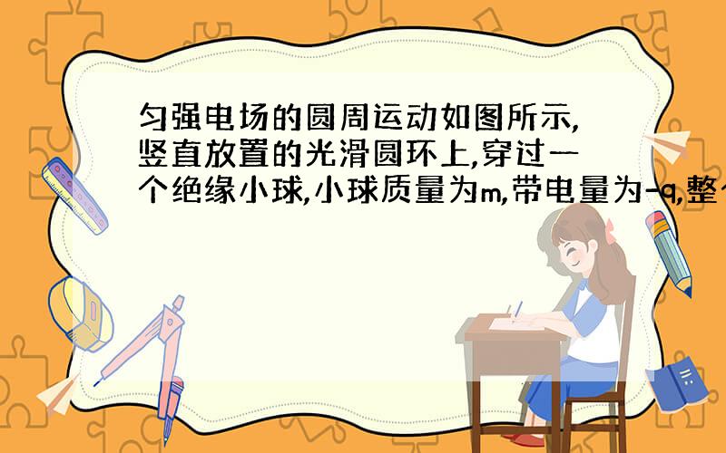 匀强电场的圆周运动如图所示,竖直放置的光滑圆环上,穿过一个绝缘小球,小球质量为m,带电量为-q,整个装置置于水平向右的匀