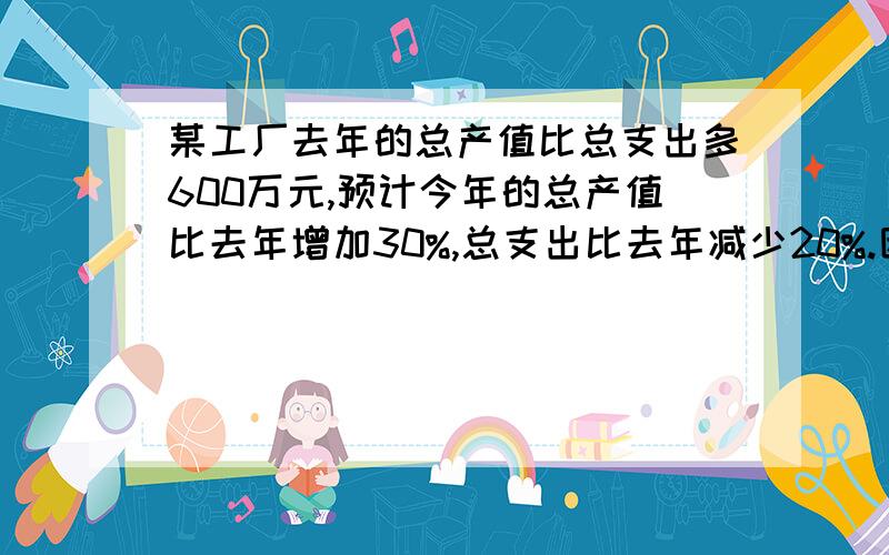 某工厂去年的总产值比总支出多600万元,预计今年的总产值比去年增加30%,总支出比去年减少20%.因此今年