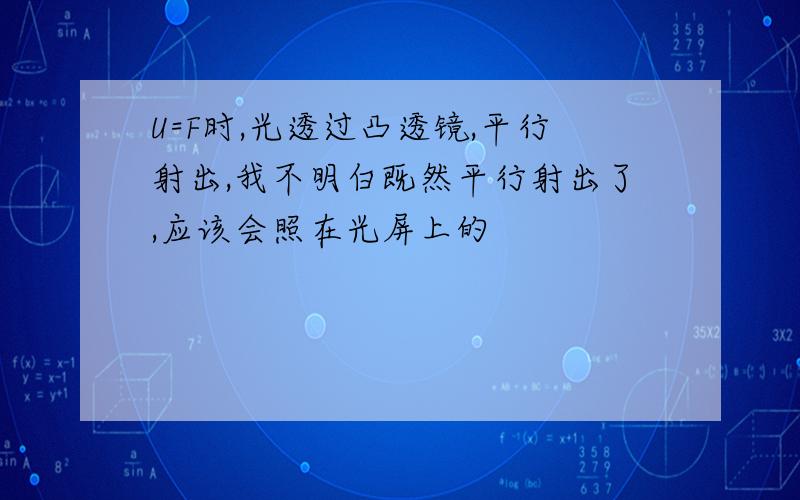 U=F时,光透过凸透镜,平行射出,我不明白既然平行射出了,应该会照在光屏上的