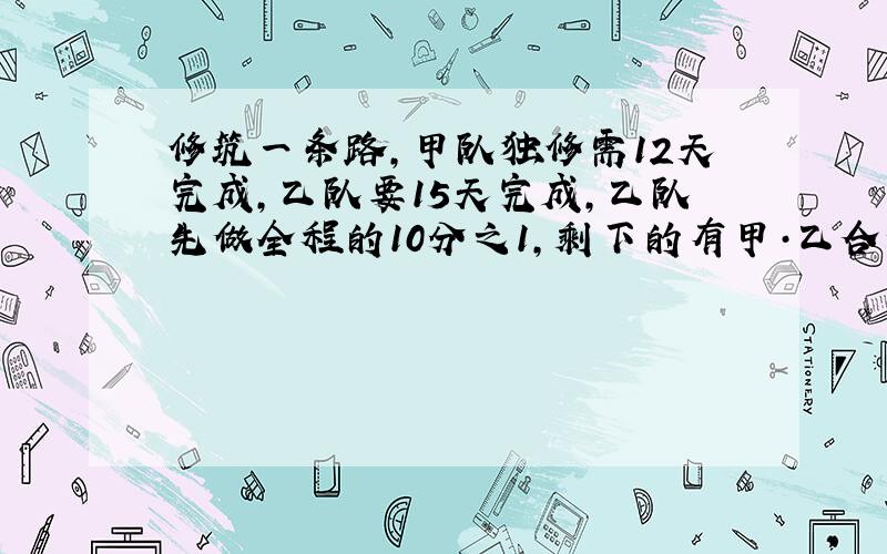 修筑一条路,甲队独修需12天完成,乙队要15天完成,乙队先做全程的10分之1,剩下的有甲·乙合做,还需多少