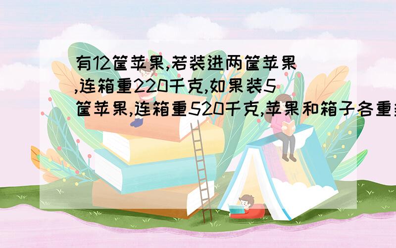 有12筐苹果,若装进两筐苹果,连箱重220千克,如果装5筐苹果,连箱重520千克,苹果和箱子各重多少千克?