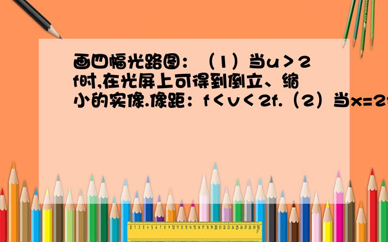 画四幅光路图：（1）当u＞2f时,在光屏上可得到倒立、缩小的实像.像距：f＜v＜2f.（2）当x=2f时,在光屏上可得到