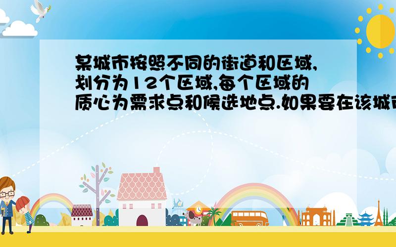 某城市按照不同的街道和区域,划分为12个区域,每个区域的质心为需求点和候选地点.如果要在该城市引入某大型连锁超市,问该超