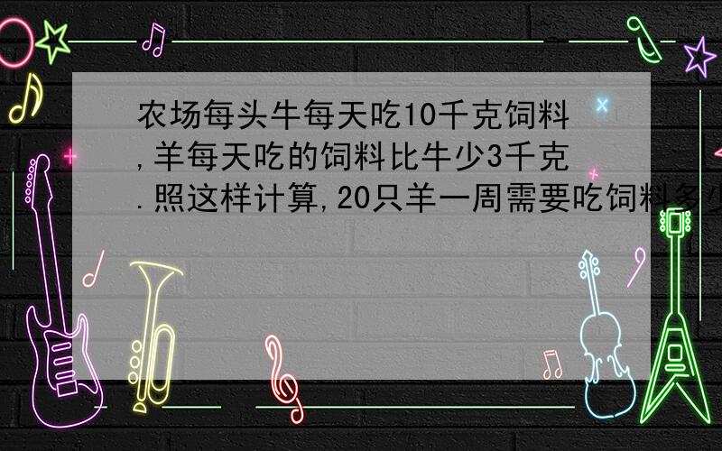 农场每头牛每天吃10千克饲料,羊每天吃的饲料比牛少3千克.照这样计算,20只羊一周需要吃饲料多少千克?