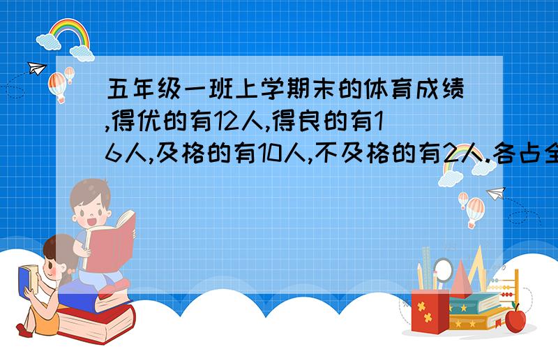 五年级一班上学期末的体育成绩,得优的有12人,得良的有16人,及格的有10人,不及格的有2人.各占全班人数的百分之几?