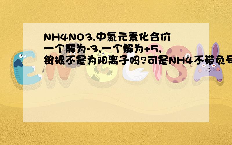 NH4NO3,中氮元素化合价一个解为-3,一个解为+5,铵根不是为阳离子吗?可是NH4不带负号丫,为什么也化合价也等于+