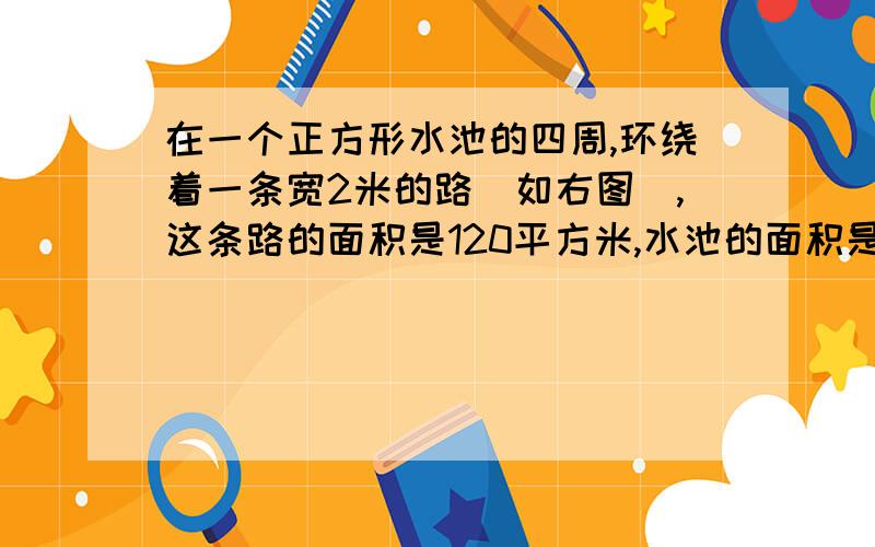 在一个正方形水池的四周,环绕着一条宽2米的路（如右图）,这条路的面积是120平方米,水池的面积是多少