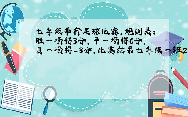 七年级举行足球比赛，规则是：胜一场得3分，平一场得0分，负一场得-3分,比赛结果七年级一班2胜1平3负.问七年级