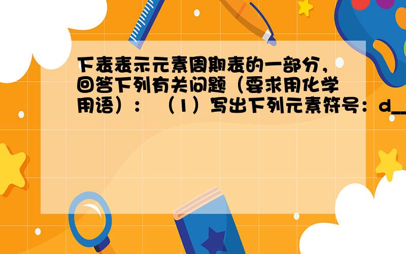 下表表示元素周期表的一部分，回答下列有关问题（要求用化学用语）： （1）写出下列元素符号：d______ 、 i____