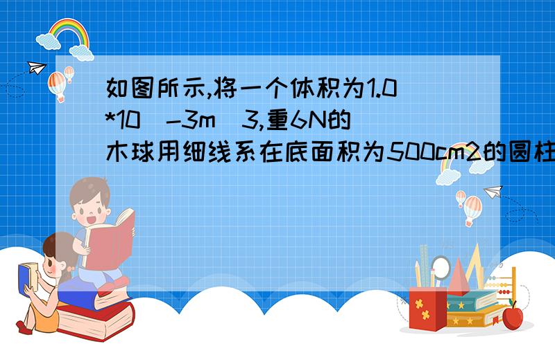 如图所示,将一个体积为1.0*10^-3m^3,重6N的木球用细线系在底面积为500cm2的圆柱形容器的底部