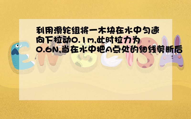 利用滑轮组将一木块在水中匀速向下拉动0.1m,此时拉力为0.6N,当在水中把A点处的细线剪断后