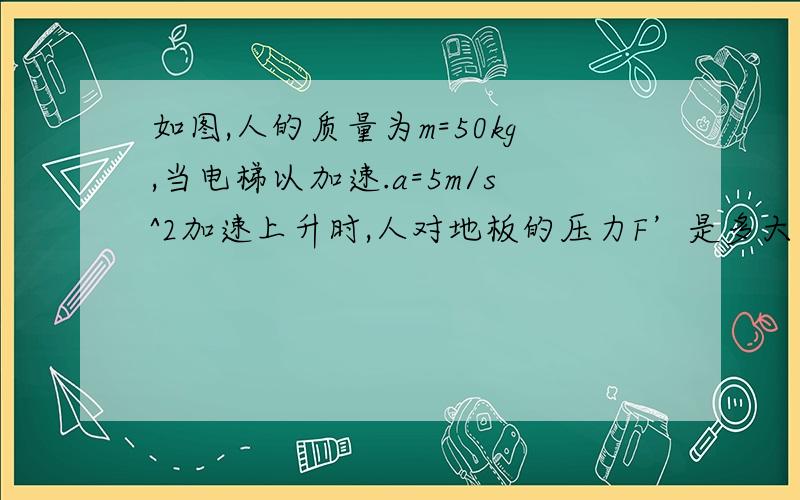 如图,人的质量为m=50kg,当电梯以加速.a=5m/s^2加速上升时,人对地板的压力F’是多大?