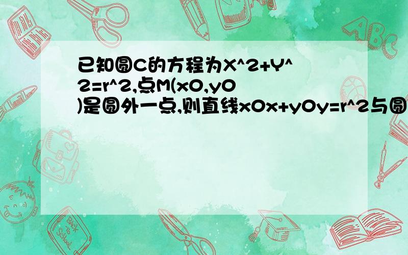 已知圆C的方程为X^2+Y^2=r^2,点M(x0,y0)是圆外一点,则直线x0x+y0y=r^2与圆的位置关系是