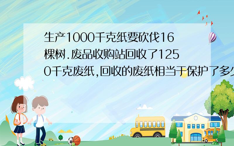 生产1000千克纸要砍伐16棵树.废品收购站回收了1250千克废纸,回收的废纸相当于保护了多少棵树?