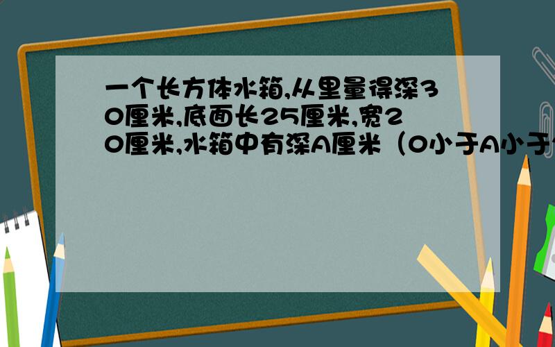 一个长方体水箱,从里量得深30厘米,底面长25厘米,宽20厘米,水箱中有深A厘米（0小于A小于28）的水