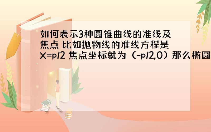 如何表示3种圆锥曲线的准线及焦点 比如抛物线的准线方程是X=p/2 焦点坐标就为（-p/2,0) 那么椭圆和双曲