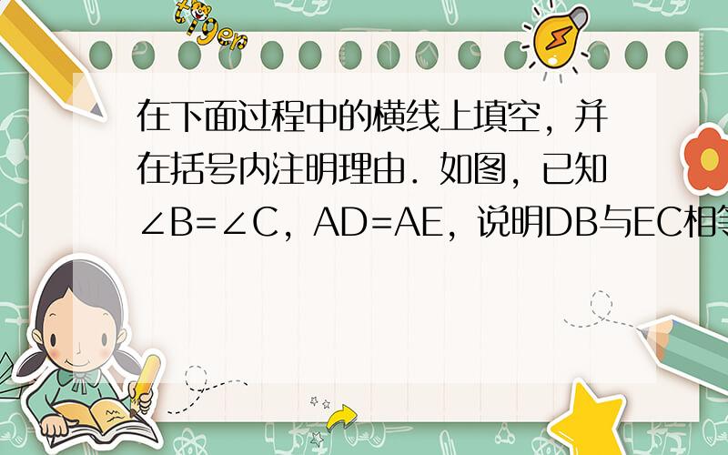 在下面过程中的横线上填空，并在括号内注明理由．如图，已知∠B=∠C，AD=AE，说明DB与EC相等