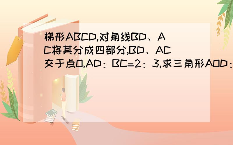 梯形ABCD,对角线BD、AC将其分成四部分,BD、AC交于点O,AD：BC=2：3,求三角形AOD：三角形ABC的面积