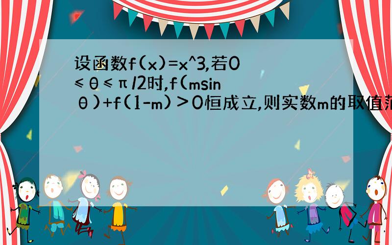 设函数f(x)=x^3,若0≤θ≤π/2时,f(msinθ)+f(1-m)＞0恒成立,则实数m的取值范围是