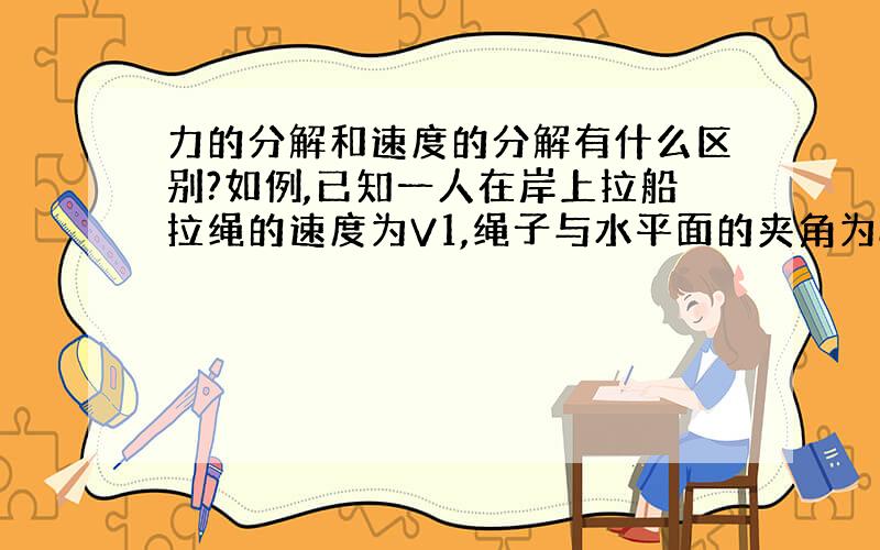 力的分解和速度的分解有什么区别?如例,已知一人在岸上拉船拉绳的速度为V1,绳子与水平面的夹角为a,求船移动的速度V0.