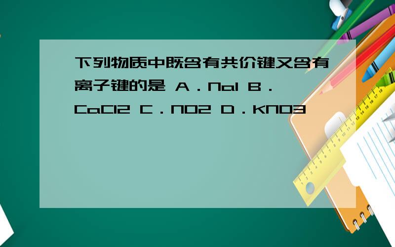 下列物质中既含有共价键又含有离子键的是 A．NaI B．CaCl2 C．NO2 D．KNO3