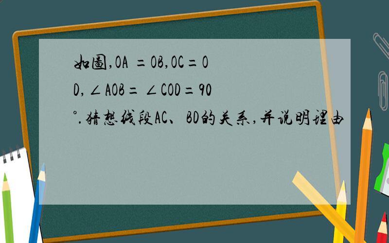 如图,OA =OB,OC=OD,∠AOB=∠COD=90°.猜想线段AC、BD的关系,并说明理由