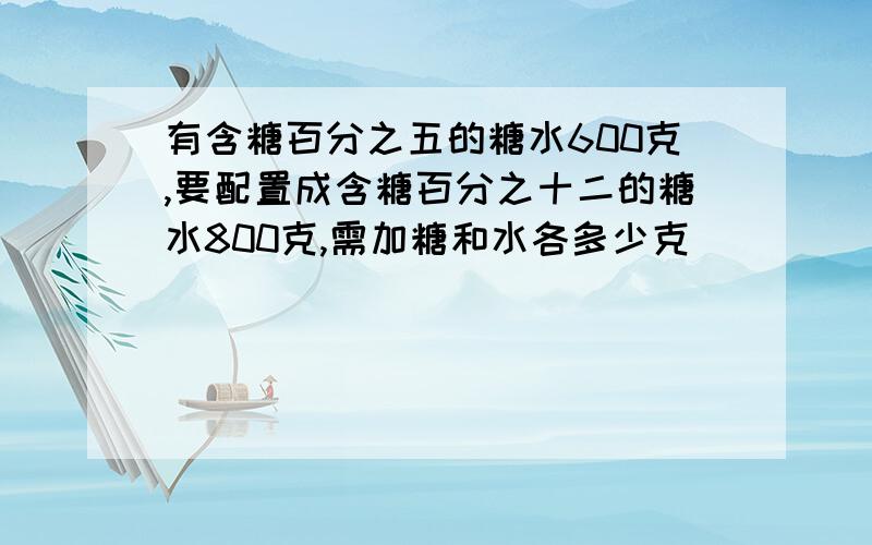 有含糖百分之五的糖水600克,要配置成含糖百分之十二的糖水800克,需加糖和水各多少克