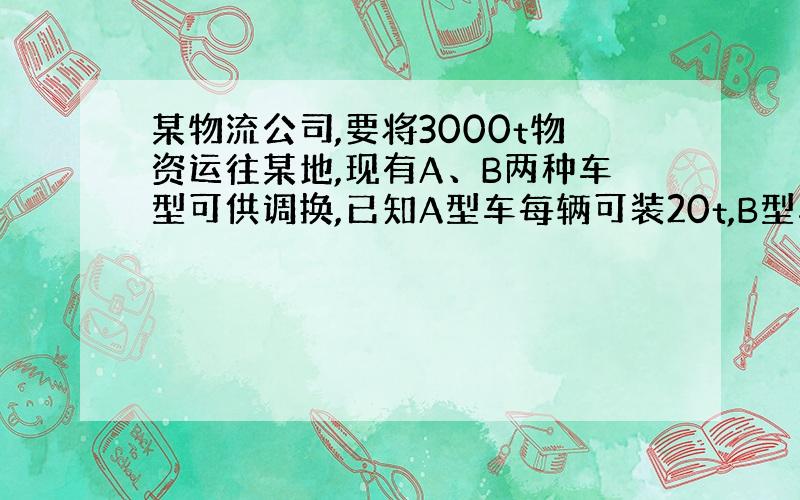 某物流公司,要将3000t物资运往某地,现有A、B两种车型可供调换,已知A型车每辆可装20t,B型车每辆可装15t,在每