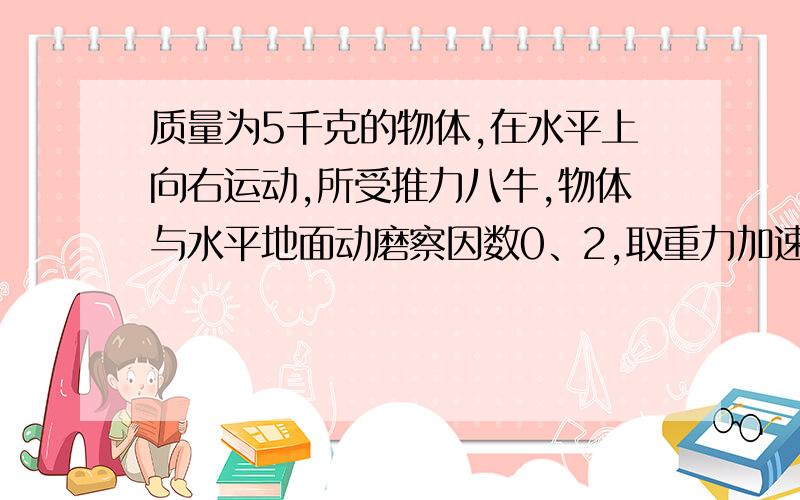 质量为5千克的物体,在水平上向右运动,所受推力八牛,物体与水平地面动磨察因数0、2,取重力加速度g=1...