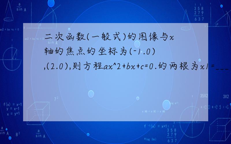 二次函数(一般式)的图像与x轴的焦点的坐标为(-1.0),(2.0),则方程ax^2+bx+c=0.的两根为x1=___