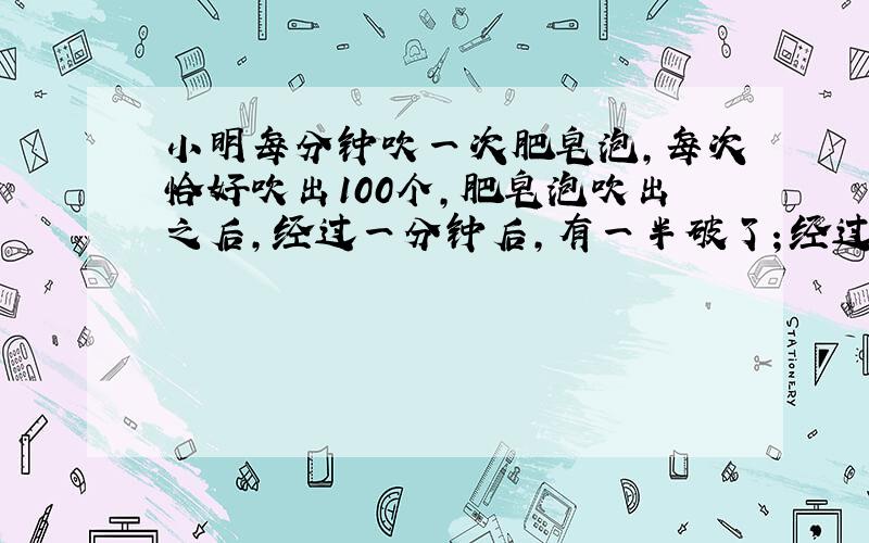 小明每分钟吹一次肥皂泡,每次恰好吹出100个,肥皂泡吹出之后,经过一分钟后,有一半破了；经过两分钟