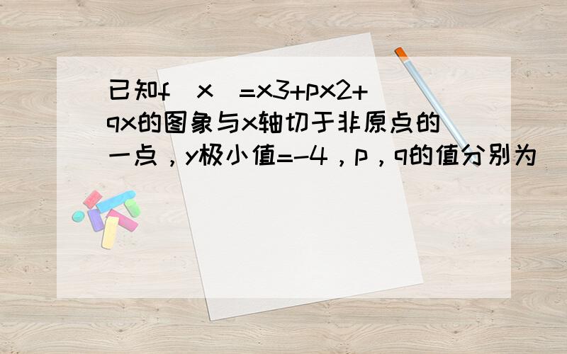 已知f（x）=x3+px2+qx的图象与x轴切于非原点的一点，y极小值=-4，p，q的值分别为（　　）