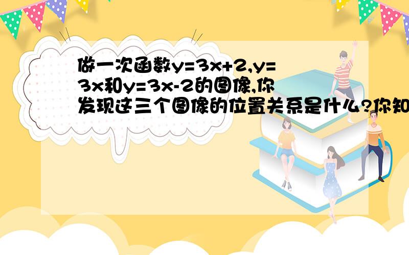 做一次函数y=3x+2,y=3x和y=3x-2的图像,你发现这三个图像的位置关系是什么?你知道他们的这种关系