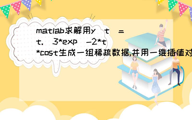 matlab求解用y(t)=t.^3*exp(-2*t)*cost生成一组稀疏数据,并用一维插值对该组数据进行插值,并与