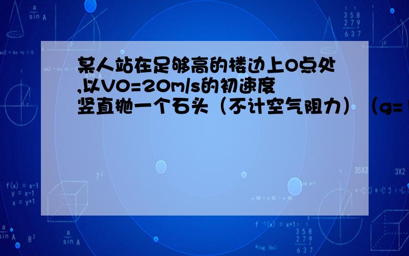 某人站在足够高的楼边上O点处,以V0=20m/s的初速度竖直抛一个石头（不计空气阻力）（g=10m/s^2)