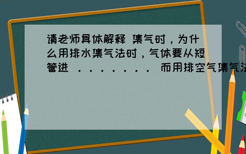 请老师具体解释 集气时，为什么用排水集气法时，气体要从短管进 。。。。。。。 而用排空气集气法时，如果是氢气要从短管进，