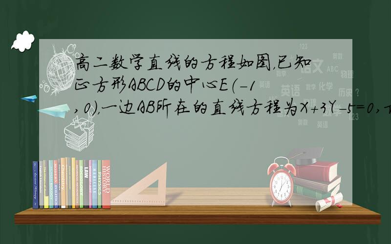 高二数学直线的方程如图，已知正方形ABCD的中心E（-1,0），一边AB所在的直线方程为X+3Y-5=0,求其它三边所在