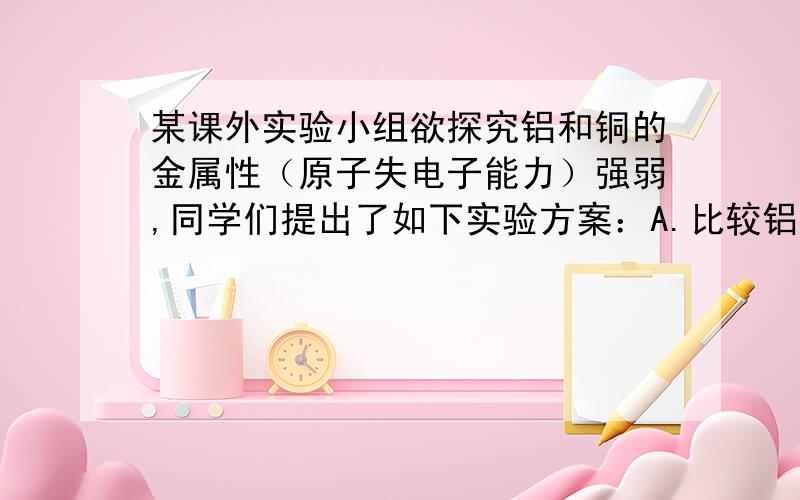 某课外实验小组欲探究铝和铜的金属性（原子失电子能力）强弱,同学们提出了如下实验方案：A.比较铝和铜