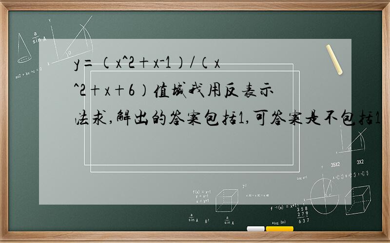 y=（x^2+x-1）/（x^2+x+6）值域我用反表示法求,解出的答案包括1,可答案是不包括1