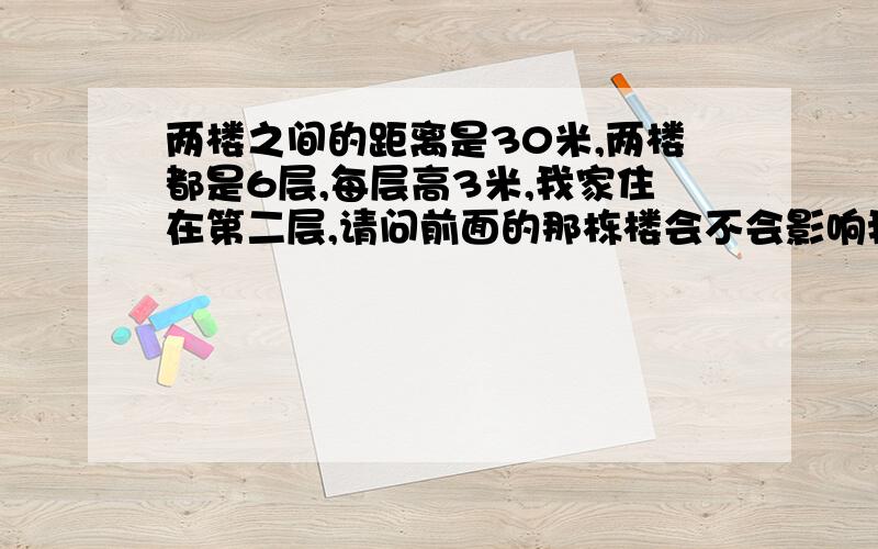 两楼之间的距离是30米,两楼都是6层,每层高3米,我家住在第二层,请问前面的那栋楼会不会影响我家的采光?